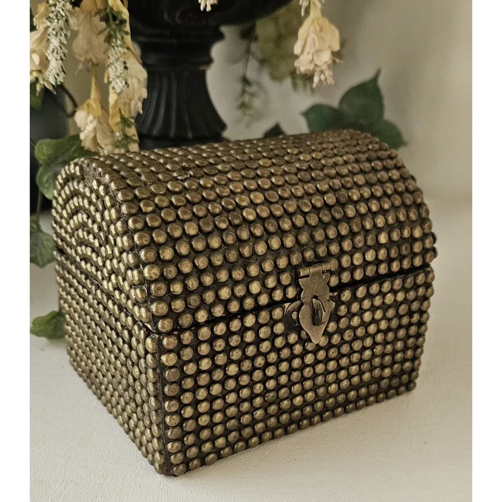 Vintage Brass Hobnail Wood Barrel Top Trinket Box 5